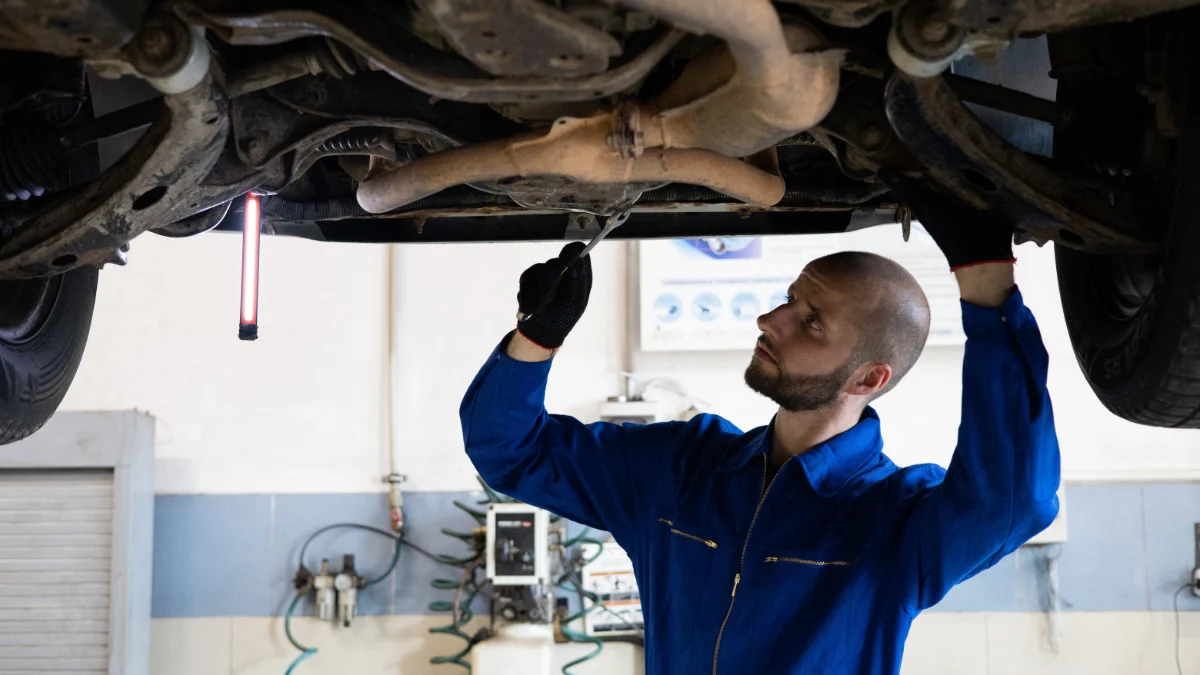 Mechanik sprawdzający oznaczenie czynnika R1234yf na etykiecie układu klimatyzacji samochodu